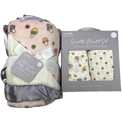 JuJuBe Baby Hippie Mushroom Flower Blanket Lot Bamboo Swaddle Plush Satin Trim - Image 1 of 4