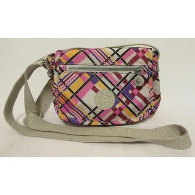 Cartera Bandolera Kipling Sabian Crema Cuadros Caqui Púrpura Rosa Cuadros Rayas Pequeña Foto 1 de 4