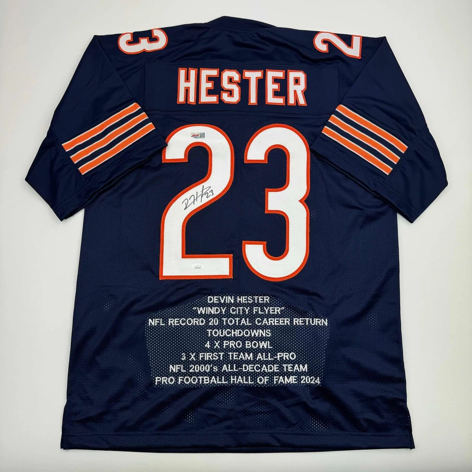 Autographed/Signed Devin Hester Chicago Blue Stat Football Jersey JSA COA - Image 1 of 4