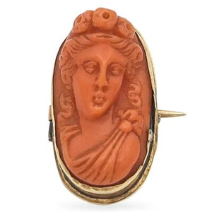 Antique 11K Rose Gold Red Coral Hand Carved Cameo Brooch Pin - Picture 1 of 4