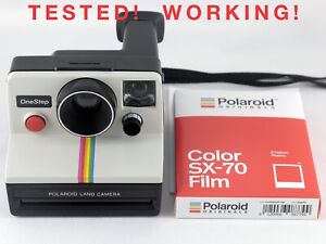 Vintage Polaroid SX-70 OneStep White Rainbow Stripe Instant Camera & Film TESTED