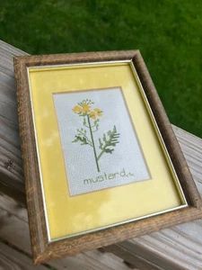 Vtg Framed Cross Stitch Art Yellow Mustard Plant Botanical Kitchy Kitchen 6x8 - Picture 1 of 2