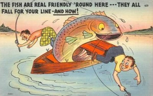 Fishing Comic Exaggeration Traverse City, MI c1940s Linen Vintage Postcard - Picture 1 of 2