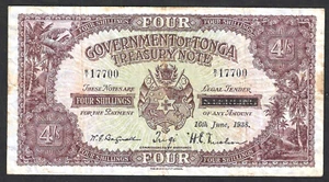 BILLETE DEL TESORO DEL GOBIERNO DE TONGA 4 CHELINES 1938 - MUY ESCASO - SIN PROBLEMAS - Imagen 1 de 2