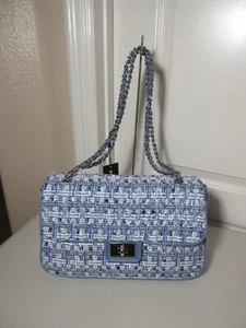 KARL LAGERFELD LARGE AGYNESS SHOULDER BAG DENIM BLUE/ WHITE NWT - Picture 1 of 12