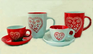 Tassen Herz Set 4-er  6-teilig Espresso Kaffee Tee Becher Mokka Lanhaus rot weiß - Bild 1 von 3