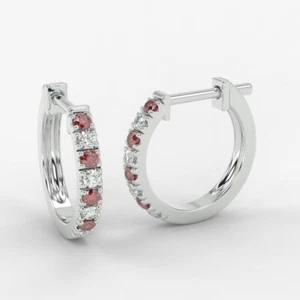 0.30Ct Natural Round Ruby & Diamond Hoop Earring In Gold - Picture 1 of 9