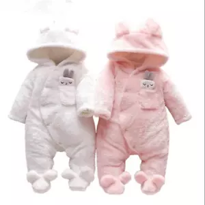 Winter Hooded Romper Warm Coat Outwear Newborn Baby Boys Girls Fleece Jumpsuit - Picture 1 of 8