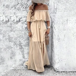 Womens Off The Shoulder Ruffle Party Dresses Side Split Beach Maxi Dress - Picture 1 of 7