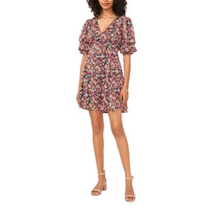 MSK Floral Print V-Neck Open Back Chiffon Puff Sleeve Dress Colorful Plus XL - Picture 1 of 12