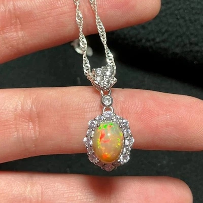 Natural Fire Opal Pendant CZ Crystal Necklace Opal Necklace 925 Sterling Silver - Image 1 of 4