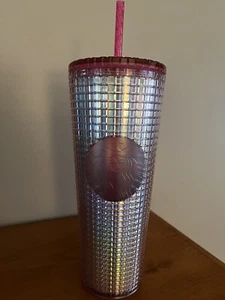 Starbucks 2023 Iridescent Pink Silver ‘Bubblegum Grid’ Cold Cup Tumbler, New. - Picture 1 of 4