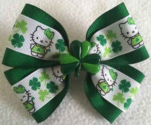 Girls Hair Bow 4" Wide Hello Kitty St Patrick's Shamrock Flatback Alligator Clip - Picture 1 of 2