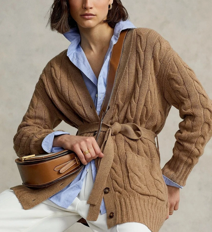 Polo Ralph Lauren Camel коричневый шерсти и кашемира галстук вязаный кардиган XS  - Изображение 1 из 4