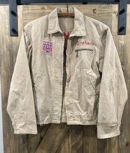 Vintage 50s Tan Cotton Synch Back Chain Stitch Zip Up Work Jacket Size Medium - Bild 1 von 12