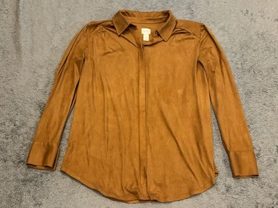 Chico's Shirt Size 1 Tan Button Front Smooth Faux Suede Reza Top Long Sleeve - Image 1 of 4