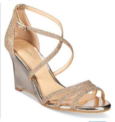 Badgley Mischka Jewel Gold Metallic 3” Wedge Cross Wrap Party Shoes Size 5.5 - Image 1 of 4