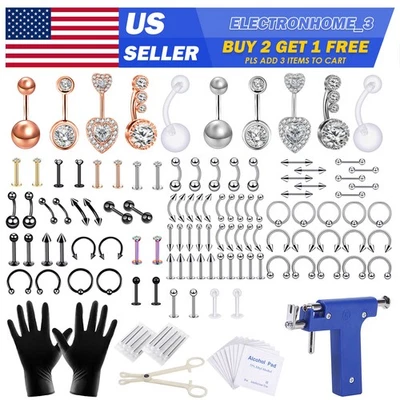 Mixed Body Piercing Kit Navel Nose Tongue Ring Eyebrow Lip Ear Studs Jewelry Set - Image 1 of 4