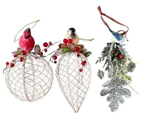 Lot Of 3 Assorted Birds Hanging Christmas Ornaments Metal Cage Cardinal Berries - Picture 1 of 5