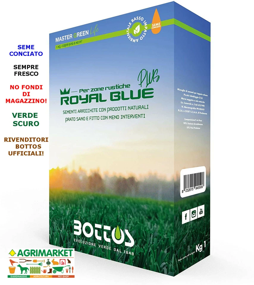 Miscuglio prato inglese ORIGINALE BOTTOS Royal Blue Plus 1 Kg conciato fresco! - Immagine 1 di 1