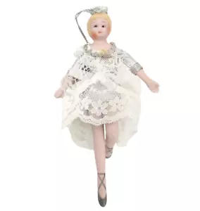 Angel Fairy Ballerina Bisque Ornament Dancer Vintage Lace Tutu Silver White 6" - Picture 1 of 13