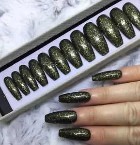 Set unghie bara glitter oro nero pressa su falso XL - Foto 1 di 2
