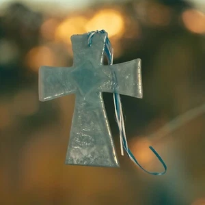 Handmade Fused Aqua Glass Cross - Picture 1 of 3