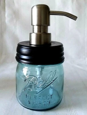 BALL Mason Jar Soap Pump Dispenser ~ HALF 1/2 PINT AQUA BLUE ~ STAINLESS STEEL - Image 1 of 4