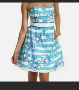 Lilly Pulitzer Womens 8 Dress Fitted Blue White Striped Floral Beaded Waistline - Picture 1 of 5