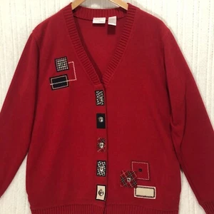 Koret K-Wear Cardigan Sweater V-Neck Patchwork Accents Red Cotton Blend S - Picture 1 of 7