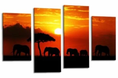 Large Elephant Wall Art Print Orange Black Sunset Framed Canvas Split Picture - Image 1 of 4