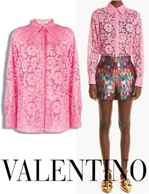 Blusa con botones de encaje rosa transparente manga larga VALENTINO 46 EE. UU. 10 Foto 1 de 4