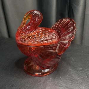 1960s VTG MCM LE SMITH Ruby Red Amberina Glass Turkey Candy Trinket Dish - Picture 1 of 8