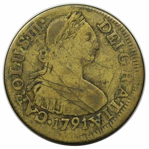 1791 Imitación Contemporánea México 2 Reales latón, marca de ceca "M", Kleeberg 91A-M3 - Imagen 1 de 2