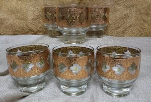 WOW!! Vintage ~ (6) Culver Valencia Footed Old Fashioned Green/Gold Glasses!! - Picture 1 of 4