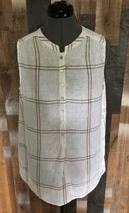 Christian Siriano Linen Plaid Top Womens Sz Large Short Sleeve Blouse 100% Linen - Picture 1 of 13