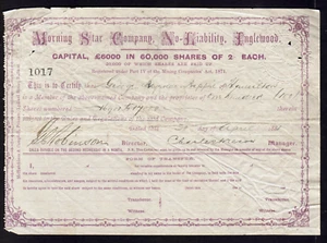 Share Scrip - Mining. 1881 Morning Star Company N/L - Inglewood Vic - Imagen 1 de 2