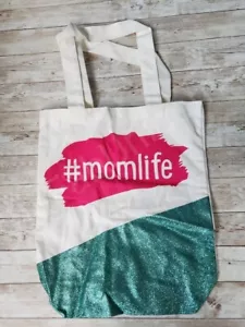Graphic Canvas Tote Bag "#MomLife" Glitter Shopping Bag Mother's Day Busy Mom - Picture 1 of 4