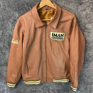 Iman Leather Bomber Jacket Women's Size XL Brown Grunge Embroidered Full-Zip - Picture 1 of 12