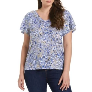 Rafaella Ladies Knit V-Neck Ruffled Short Sleeve Fashion Top (Amparo Blue) - Picture 1 of 2