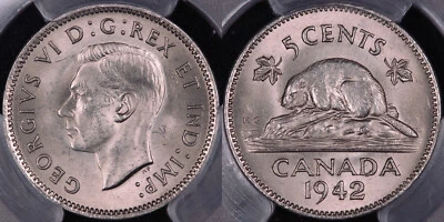 PCGS Graded MS64 - Canada 1942 Nickel 5 Cents Choice Uncirculated World Coin - Image 1 of 2
