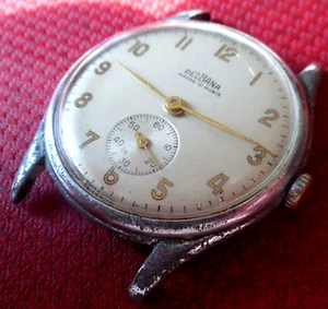 Vintage 1940s Oversized DELBANA 15 Jewels Swiss Made Watch Running Wristwatch - Picture 1 of 6