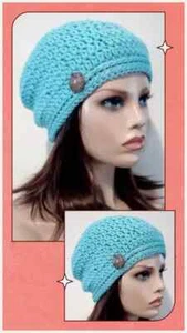 crochet womans handmade button hat beanie clusters blue iced aqua USA seller - Picture 1 of 3