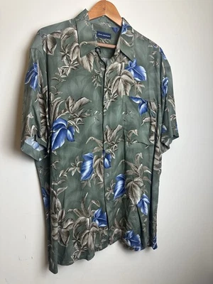 John Ashford Green Blue Hawaiian Palm Leaf Print Button Up 100% Rayon Men’s L - Image 1 of 4