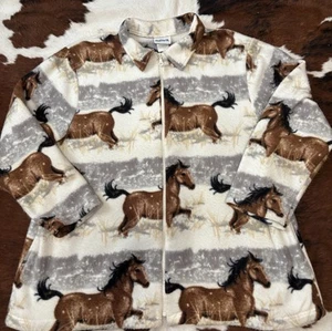 Vtg Bon Worth Fleece Brown Horse All Over Print Jacket XL Full Zip White Gray - Picture 1 of 6