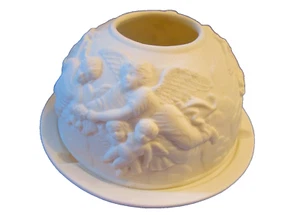 Vtg Porcelain Fairy Lamp Tealight Votive Candle Holder Sculpted Angels Pattern - Picture 1 of 5