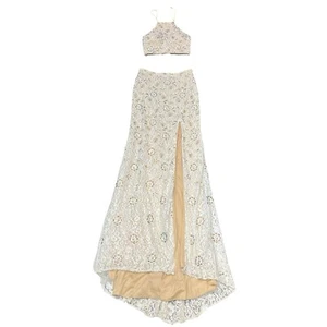 La Femme 2 Piece Gown Womens 8 White Sequin Lace Halter Lace Up Slit Maxi Skirt - Picture 1 of 20