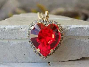 3Ct Lab Created Red Ruby Heart Cut Women's Pendant 14k Yellow Gold Plated - Picture 1 of 5