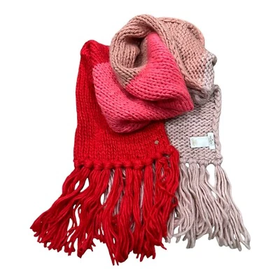 Kate Spade Wool Blend Knit Scarf Wrap Color Block Pinks Gold Spade Logo 10x90 - Image 1 of 4