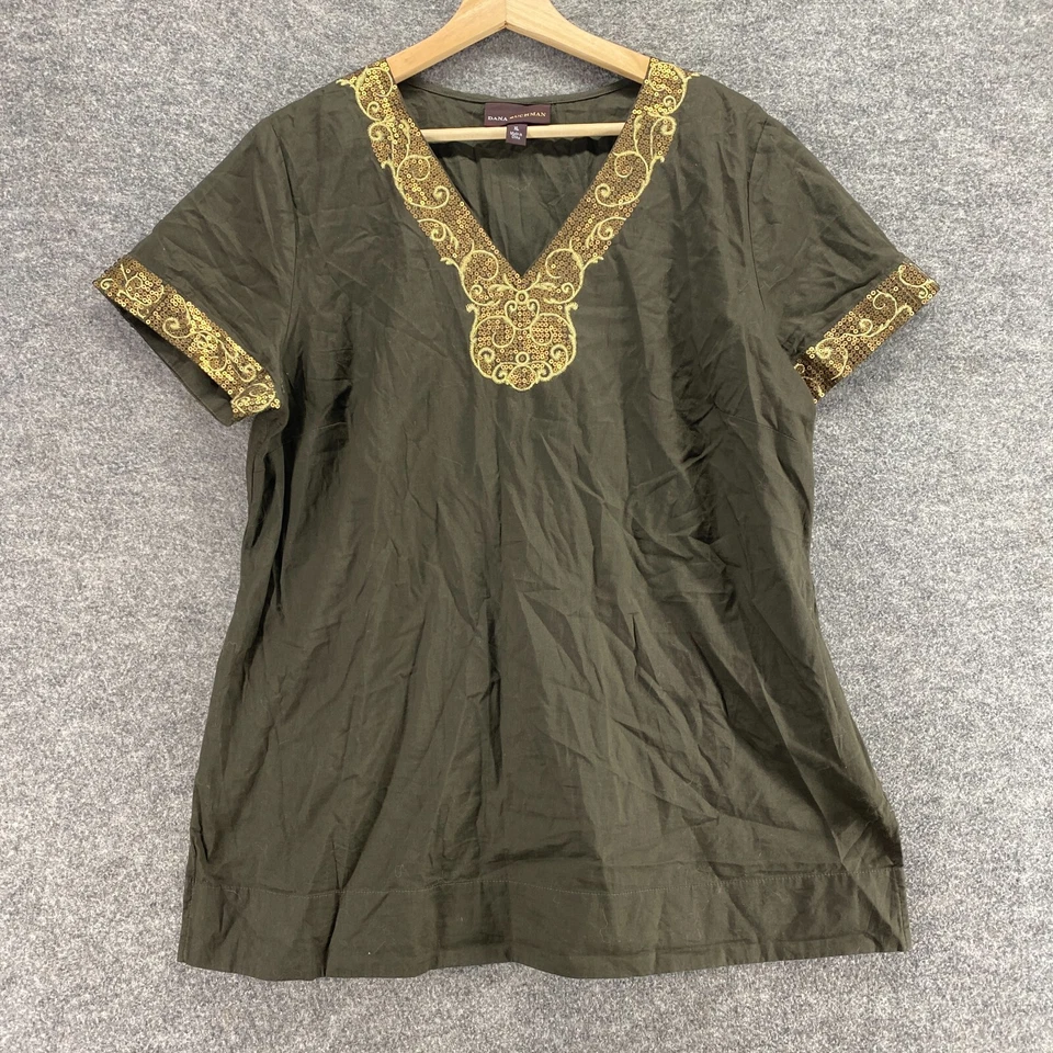 Dana Buchman Blouse Women XL Gray Sequin V-Neck Short Sleeve Pullover Cotton - Image 1 of 4